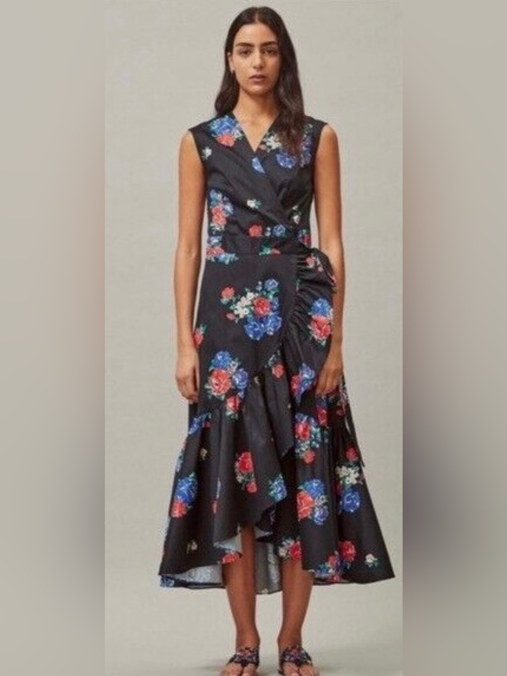 Tory Burch Black Floral High-Low Wrap Dress Sz M